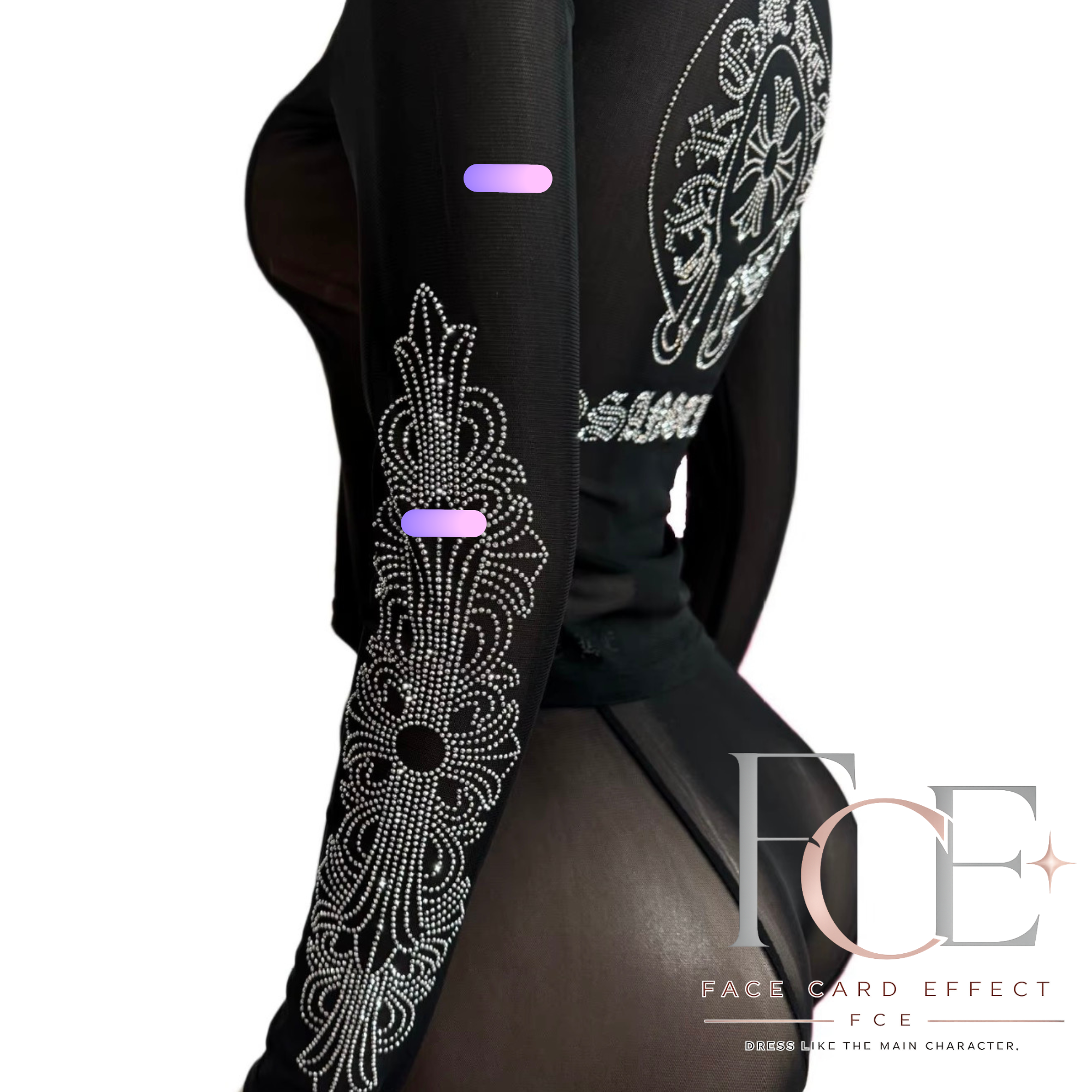 FCE Sheer Mesh Set Black – rhinestone sleeve detail